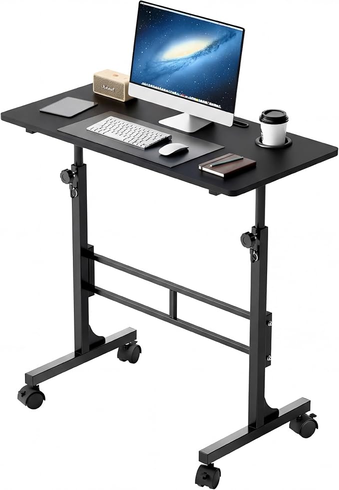Furmax 31.4" Small Portable Standing Desk Height Adjustable with Lockable Wheels, Mobile Stand Laptop Computer Workstation for Walking Pad Treadmil (Black)