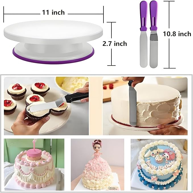 ANSLYQA Cake Decorating Kit, 340 Pcs with Cake Turntable, Leveler, 55 Numbered Icing+Skirt Tips, 2 Spatulas, 3 Scrapers, 2 Couplers, 100 Pastry Bags, 100 Cupcake Liners & More Baking Tools, (Purple)