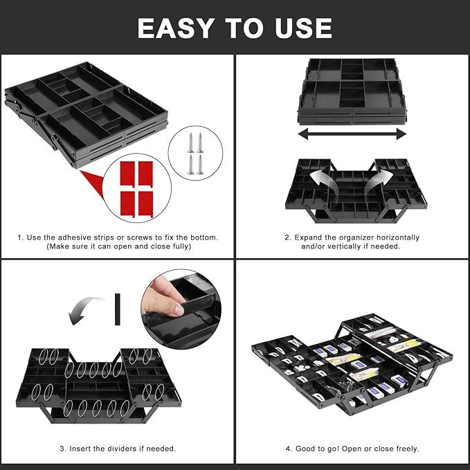 Aobiono Multi Level Smart Drawer Organizer, Multi Tier Expandable Storage Collapsible Foldable Trays for Jewelry, Cosmetics, Makeup, Tools, Battery (Black, Double Row - 2 Levels)