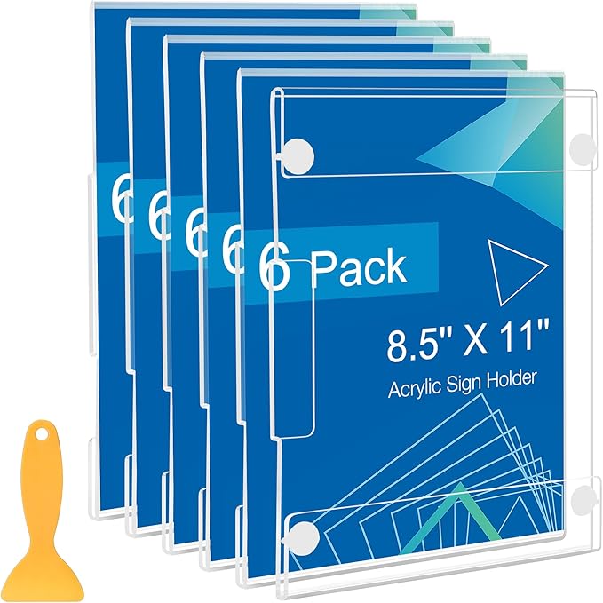 6 Pack Acrylic Sign Holder 8.5 x 11 Wall Mount, Vertical & Horizontal Use, Wall Sign Holder Memo Document Menu Holder for Office Store Restaurants Wedding Party Decoration, No Drilling