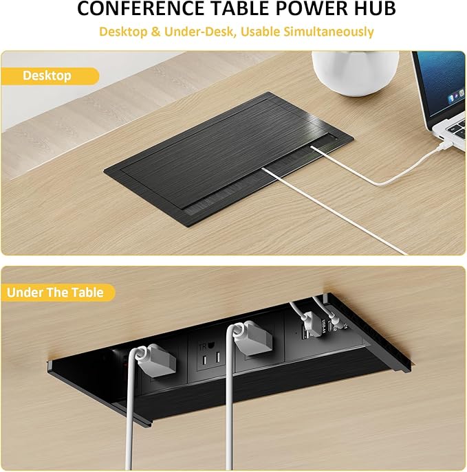 Conference Table Power Hub Outlet, Kungfuking Connectivity Box Rotatable with 30W USB C, 18W USB A, 3 AC Outlets, Heavy Duty Metal Table Top Box for Countertop Office, 6 FT Cord