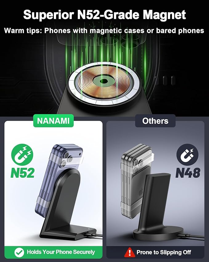 NANAMI 25W Magnetic Wireless Charger Stand, Fast Magnetic Phone Charger, N52 Alignment, 360° Adjustable, Auto-Dim LED, Cooling & Safety Protection for iPhone 17/16/15/14/13/12 & Google Pixel 10 Series
