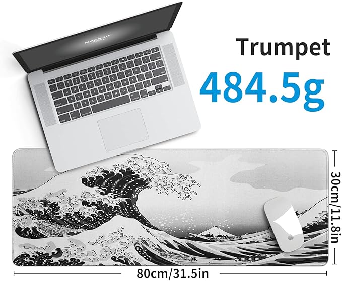 Sea Wave Large Gaming Mouse Pad Desk Pad with Stitched Edge 31.5''x11.8'' Mousepad Computer Keyboard Pad Non-Slip Rubber Base Desk Mat for Game,Work,Study