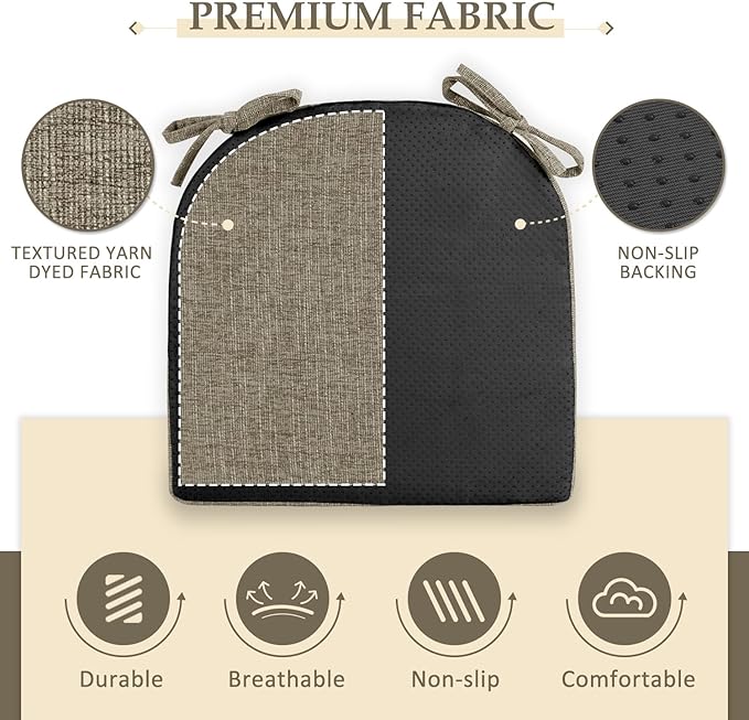 Wellsin Chair Cushions for Dining Chairs 4 Pack - Kitchen Chair Cushions with Ties and Non-Slip Backing - Dining Chair Pads 16"X16"X2", Khaki