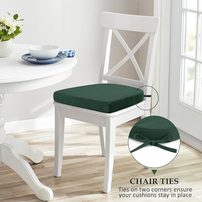 Wellsin Chair Cushions for Dining Chairs 6 Pack - Kitchen Chair Cushions with Ties and Non-Slip Backing - Dining Chair Pads 16"X16"X2", Dark Green