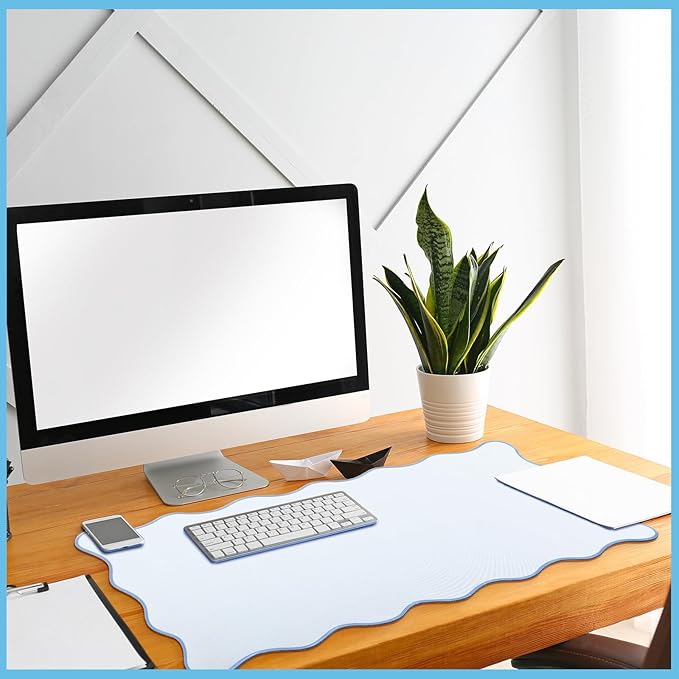 Hahafelt Scalloped Desk Mat Large Desk Pad Cute Coquette Table Mat Aesthetic Preppy Table Make up Pad Nonslip 2026 Graduation Gift with Stitching Waterproof Gaming(Blue,31.5 x 15.8 Inches)