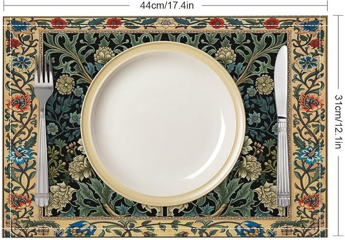 William Morris Floral Placemats Vintage Flower Art Style Boho Chic Retro Floral Linen Washable Table Mats Stain Heat-Resistant Desktop Decor Place Mats for Home Kitchen Dining Party 12x18 in 6 Pcs