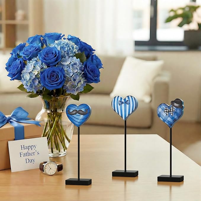 Smile Father's Day Wooden Table Decor Piece Blue Heart with Bow Tie Mustache Hat Desktop Signs Tabletop Decorations for Home Office Shelf - Gift for Dad, Husband, Grandpa