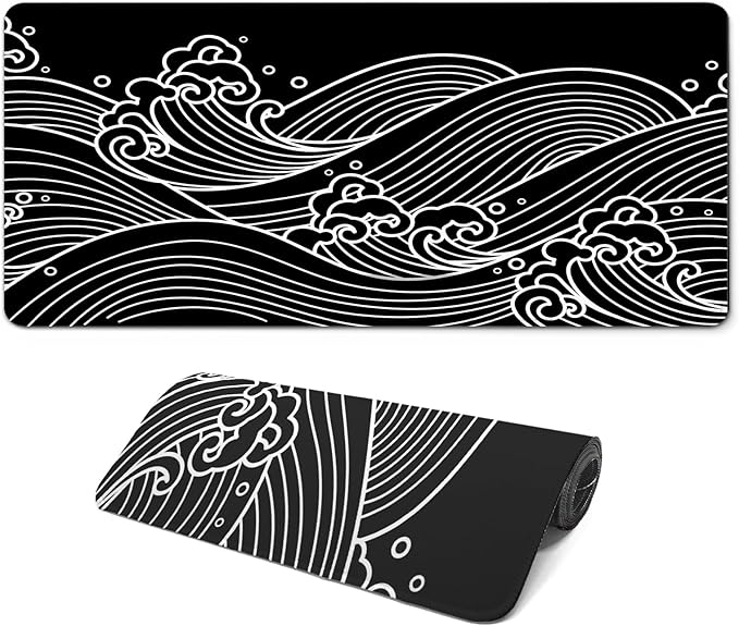 Gaming Mouse Pad with Anti-Slip Rubber Base, Extended Large Computer Mouse Mat with Stitched Edges, Long XL Anime Mousepad for Laptop and Keyboard, 31.5 x 11.8 inch (Black and White Wave)
