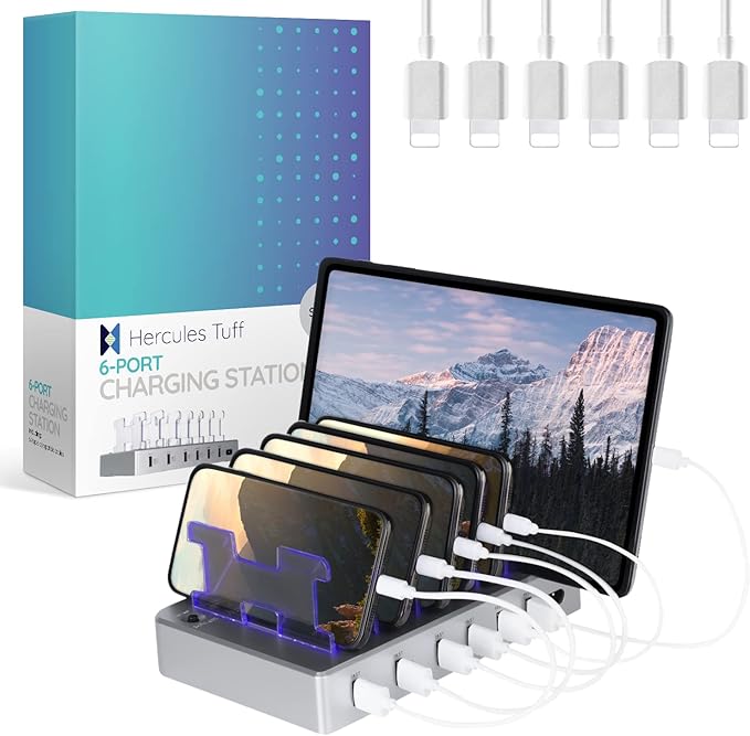 Charging Station for Multiple Devices – 6-Port USB Charging Dock for Apple & Android – Fast Multi-Charger Organizer for Phones, Tablets & More (Silver)