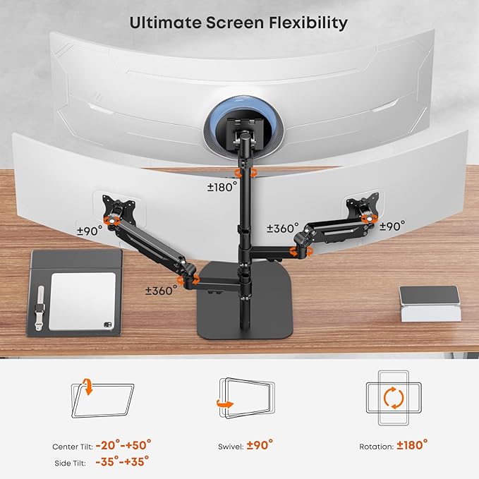 Triple Monitor Stand Up to 49 inches,Fully Adjustable Triple Monitor Mount with Gas Spring,Free Standing 3 Monitor Desk Stand Mount with Base and Cable Management,Holds 44 lbs,Black