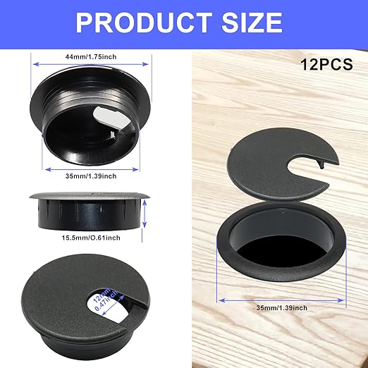 12PCS Desk Grommet,1-3/8Inch(35mm) Cable Grommet Hole Cover with Hole Saw,Ideal Solution for Office Home Table Cable Management Workers