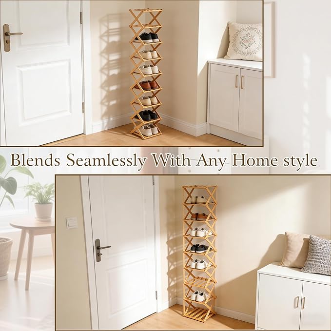 Foldable Shoe Rack, Tier No-Assembly Bamboo Rack, 2026 New Portable Bamboo Corner Shoe Rack, Multifunctional Narrow Shoe Shelf for Entryway, Closet, Corner, Bedroom (4 Layers)