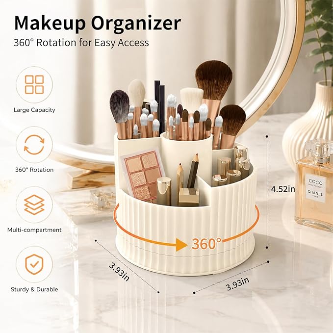 360° Rotating Makeup Brush Holder Organizer, 5 Slot Make up Brushes Cup for Cosmetics, Nail Polish, Art Supply, Skincare, Perfume, Bathroom Vanity Desktop Organizer - Clear gray
