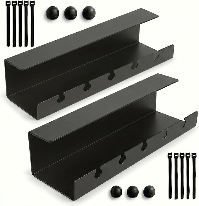 Under Desk Cable Management Tray No Drill, Cord Organizer for Desk, Wire Organizer, Cable Tray for Home Office Standing Desk, Wire Managment, Cord Hider, Set of 2 pcs (Black)