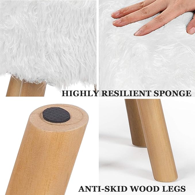Asense Small Round Ottoman Foot Rest Stool Faux Fur Padded Seat Footstool Ottoman with Non-Skid Wooden Legs (White,Long Leg Version,Faux Fur)