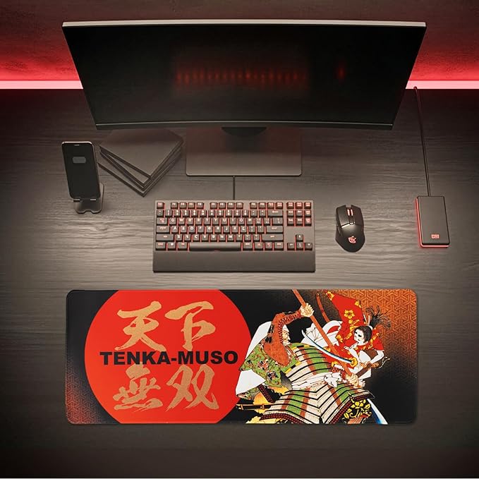 BELLEMOND Japanese Art Desk Mat | Large 31.5x11.8in Anime Mouse Pad for Keyboard & Mouse | Non-Slip Base, Water-Repellent | Original Japanese Design | Tenka Muso - The Unrivaled Warrior