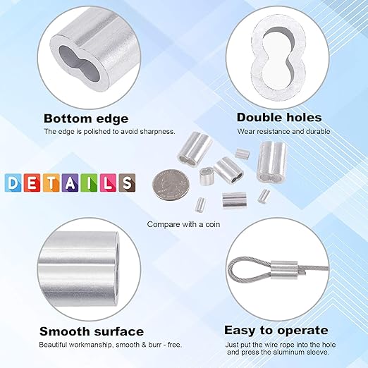 Glarks 50Pcs 1/4''(6mm) Aluminum Crimping Loop Sleeve Wire Rope Sleeves Double Barrel Ferrule for Wire Rope and Cable Line End (1/4''-50Pcs)