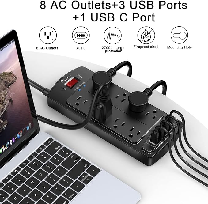 Surge Protector Power Strip - Nuetsa Flat Plug Extension Cord with 8 Outlets and 4 USB Ports, 15 Feet Power Cord, 2700 Joules, ETL Listed, Black