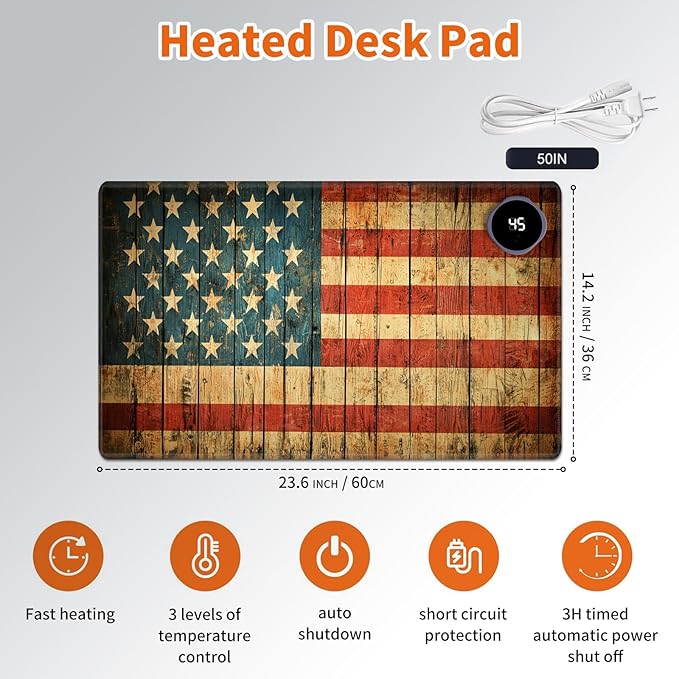 Heated Mouse Pad,Warm Desk Pad with 3 Levels Heating & 3 Hours Auto Shut-Off, PU Leather Heated Desk Pad Warmer Pad for Home Office - 23.6 x 14.2 inch,Vintage American Flag