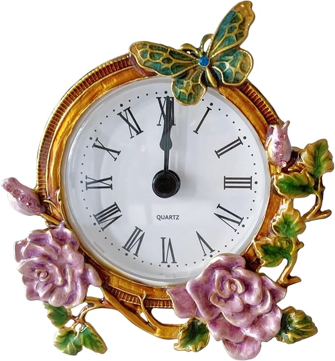 Silent Mini Vintage Analog Table Clock with Hand-Painted Metal Body and Battery Operated Non-Ticking Core for Shelf, Bedroom, Bedside, Desk, Gift Clock