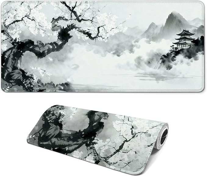 Gaming Mouse Pad with Anti-Slip Rubber Base, Extended Large Computer Mouse Mat with Stitched Edges, Long XL Anime Mousepad for Laptop and Keyboard, 31.5 x 11.8 inch (Japanese Cherry Blossom)