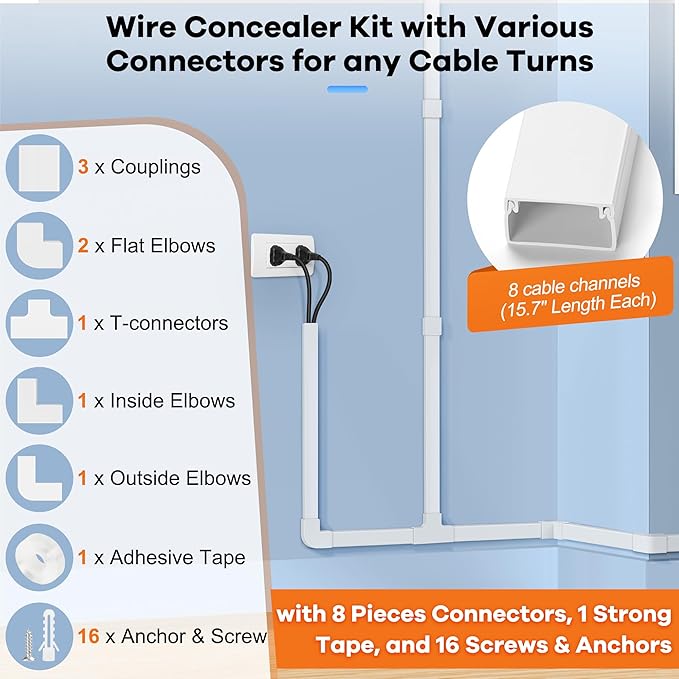 126in Cord Hider Kit, ZhiYo Wire Hiders for TV on Wall, Paintable Cable Management Kit, Wire Cover for Wall Mount TV, White Cable Raceway, Cord Cover Wire Management Kit, 8 x L15.7in W1.18in H0.67in