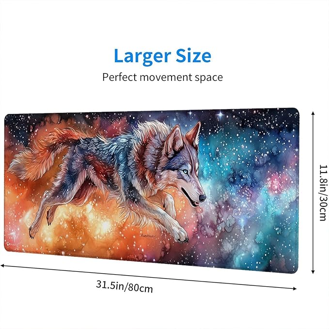 Wolf Mouse Pad Dream Colorful Galaxy Husky Starry Sky Large Gaming Mouse Mat with Stitched Edges,Non-Slip Waterproof Rubber Base Mous Mat Office Computer Keyboard Laptop Home 31.5x11.8 Inch