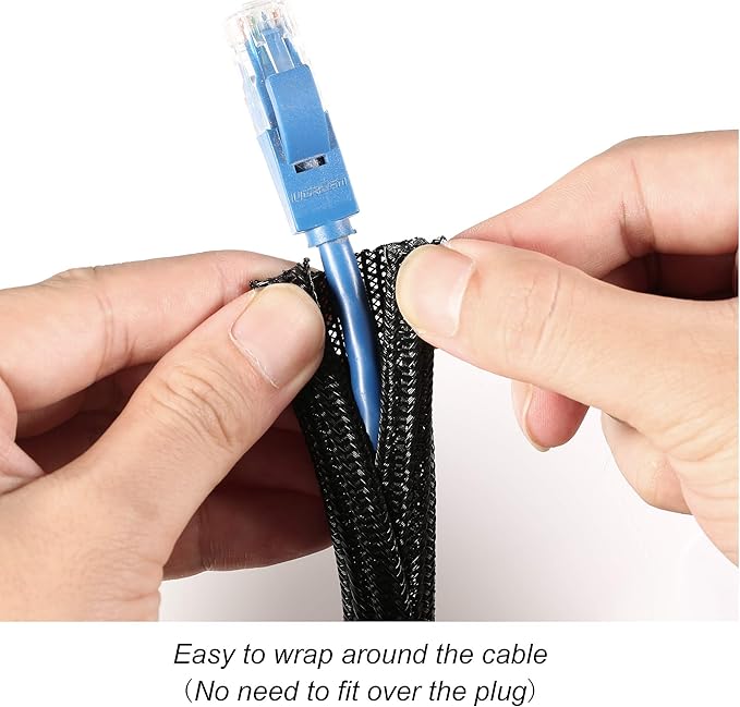 25ft - 1/4 inch Braided Cable Management Sleeve Cord Protector - Self-Wrapping Split Wire Loom for TV/Computer/Home Theater/Engine Bay - Black