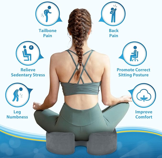 BlissTrends Seat Cushion,5.2in Thick Memory Foam Cushions for Office Chair, Car Seat, Airplane, Relieving Pressure Tailbone Sciatica Back Pain for Long Sitting Office Workers, Car Drivers LightGrey