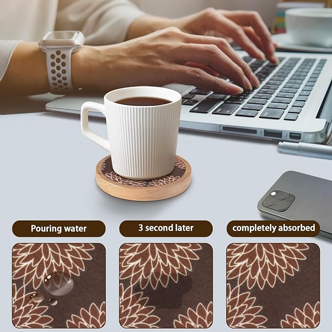 Wood Coasters Set of 6 with Holder, Cewiru Cup Mat for Drinks, Absorbent Coasters with Felt Insert for Coffee Table Protection, Modern Style Home Dining Table Decor, 4.3" Brown