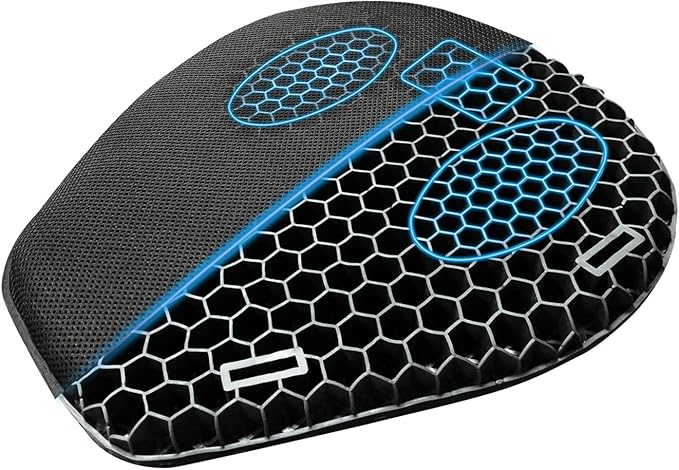 Motorcycle Seat Cushion, 3D Honeycomb Gel Pad, Pressure Relief Shock Absorption, Breathable Non-Slip Universal Cover for Long Ride, Fits Cruiser Street Touring Bike (Four Seasons)
