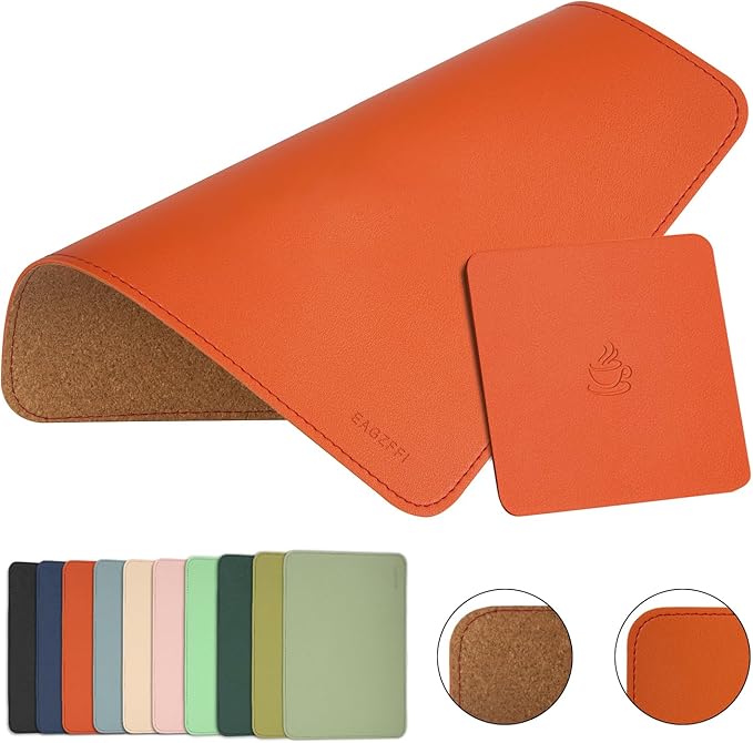 Double-Sided PU Leather & Cork Mouse Pad with Coaster – Reversible, Non-Slip, Stitched Edges for Office & Home, 8x11 Inches,(Orange)