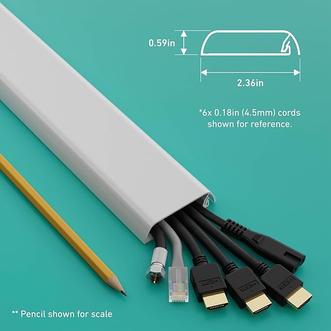 D-Line TV Wall Mount Cord Hider, Hide Mounted TV Cables, Wire Covers, Self Adhesive Cover for Cords, Paintable, Low Profile, Seamless Cable Raceway - 2X 2.36in W x 0.59in H x 15.7in L - White