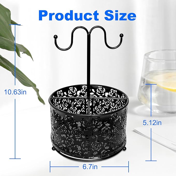 360 Degree Rotate Pen Holder for Desk Mesh Desk Pen Organizer Pencil Holder Large Capacity Accessories & Workspace Organizers for School,Home (Black rose lace pattern, With hook)