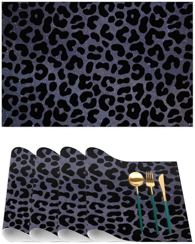 Placemats Set of 4 Heat-Resistant Rectangle Place Mats Black Leopard Cheetah Washable Plastic PVC Dining Table Mat Non-Slip Wipeable Woven Vinyl Placemat for Kitchen Patio Table Decor