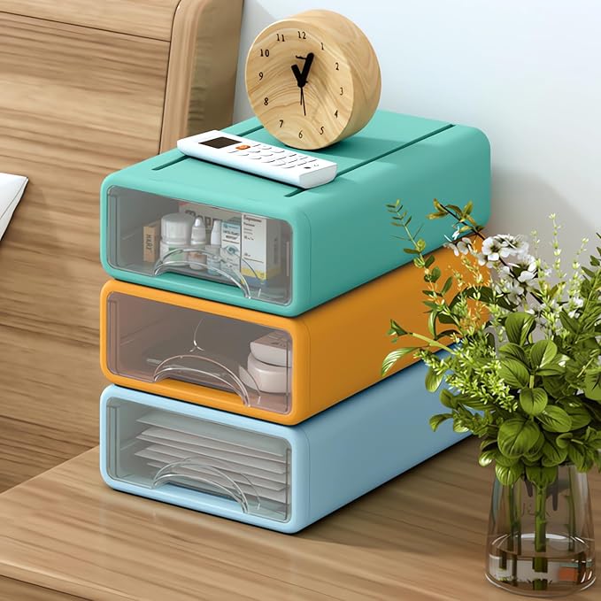Plastic Desktop Drawer Organizer, Small 4-Tier Stackable Storage Drawers, Mini Desk Organizer for Office Stationery Makeup Vanity Supplies
