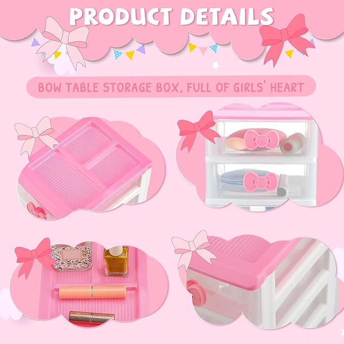 Tatuo Lovely Receiving Storage Cabinets Kawaii Makeup Organizer with 4 Layers Cute Storage Cabinet Box with Bow Handle Plastic Desktop Storage Box for Home Bedroom Bathroom Women Gifts(Clear)