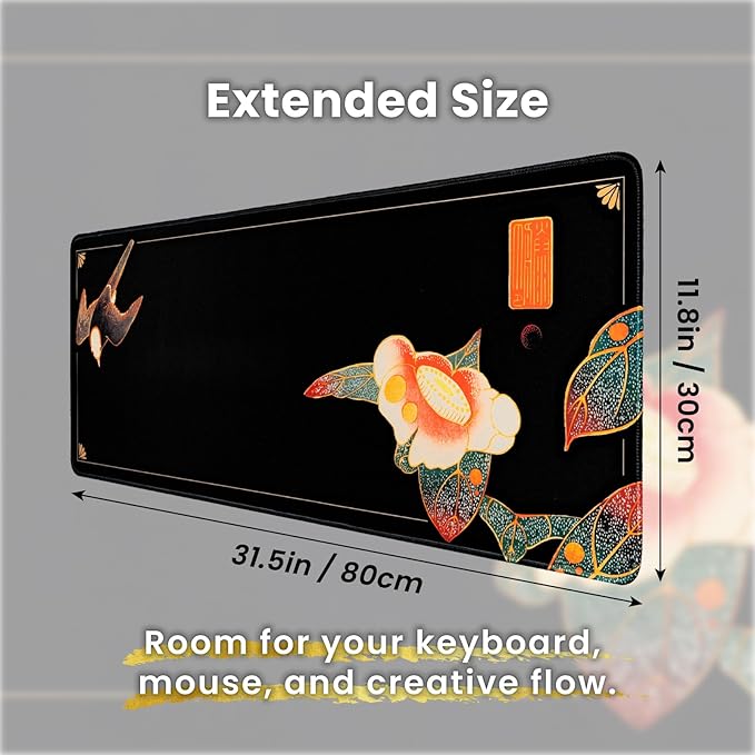 BELLEMOND Japanese Art Desk Mat | Large 31.5x11.8in Anime Mouse Pad for Keyboard & Mouse | Non-Slip Base, Water-Repellent | Original Japanese Design | Camellia Silence