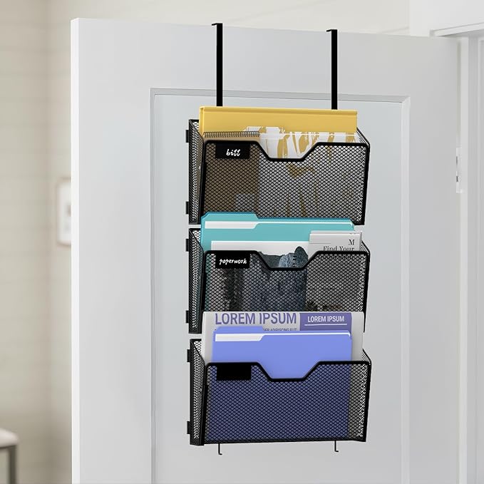 6 Pack Magnetic File Holder Wall File Organizer with Label Panel and 2 Hooks Magnetic Paper Mail Holder for File Office, Cabinets and Whiteboard, Black