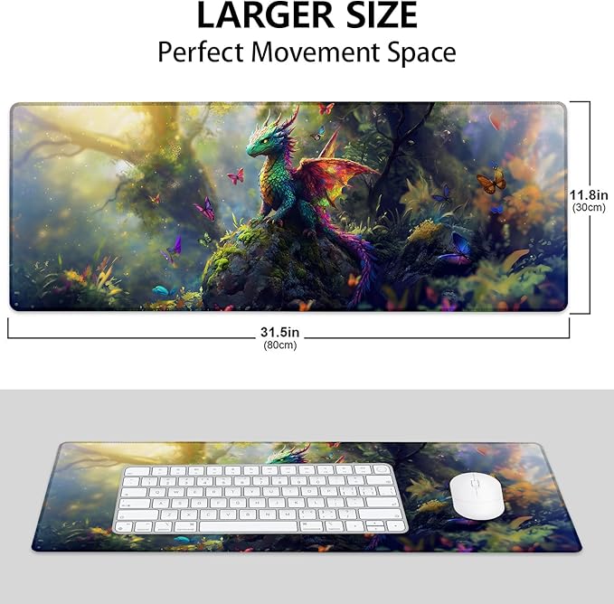 Enchanted Forest Dragon Large Mouse Pad, Gaming Mouse Pad, Non-Slip Rubber Base, Office Accessories, Desk Mat, Animal MousePads for School, Work, Home Decor Gifts 31.5" x 11.8"