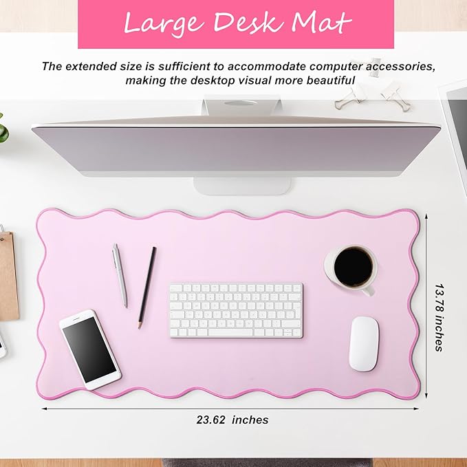 Hahafelt Scalloped Desk Mat Large Desk Pad Cute Coquette Table Mat Aesthetic Preppy Table Make up Pad Nonslip 2026 Graduation Gift with Stitching Waterproof Gaming(Pink,23.6 x 13.8 Inches)