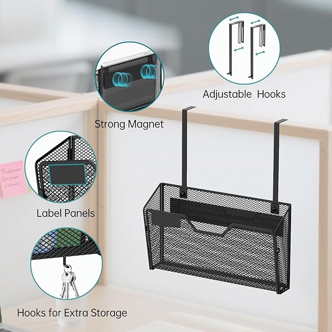 6 Pack Magnetic File Holder Wall File Organizer with Label Panel and 2 Hooks Magnetic Paper Mail Holder for File Office, Cabinets and Whiteboard, Black