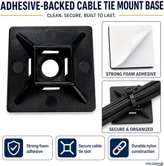 Kable Kontrol Zip Tie Mounts, 1” Sq, Black, 100 Pcs, Adhesive Backed Multi-Purpose UV-Resistant Mounting Squares Nylon Cable Tie Wrap Anchor Pads for Cable Management