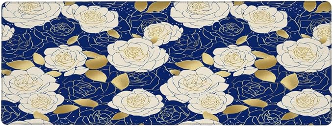 Large Mouse Pad Blue Gold Rose Non-Slip Rubber Long Gaming Desk Mat Big Computer Keyboard Mousepad Waterproof Protector Wristing Pad for Gaming Office Home Decorative 31.5 X 11.8 Inch