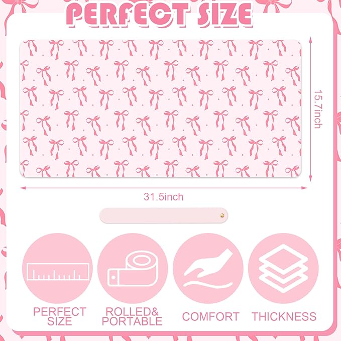 FYSUIMU Coquette Bow Makeup Mat Dual-Sided Leather Desk Pad Waterproof Pink Bow Makeup Table Cover for Vanity Top Protector Countertop Decor, 15.7 x 31.5 in