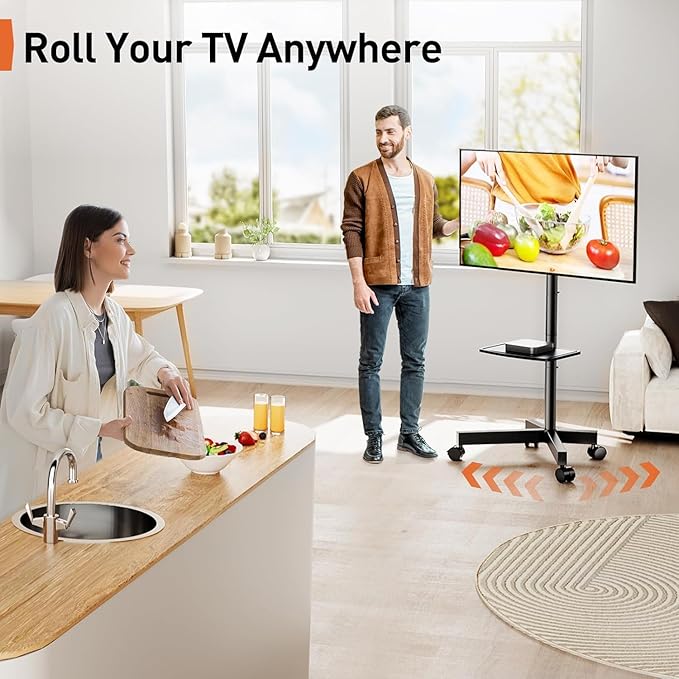 Perlegear Rolling TV Stand for 23-60 Inch LED Flat Screen/Curved TVs up to 88lbs,Mobile TV Stand Wheels with Height Adjustable Portable Rolling TV Cart Max VESA 400x400mm PGTVMC06