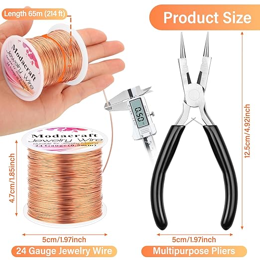 Modacraft 24 Gauge Copper Wire for Jewelry Making - 214FT/0.5mm Tarnish-Resistant Craft Wire with Multi-Functional Pliers - Perfect for DIY Jewelry, Wire Wrapping, Gardening, and Artistic Projects