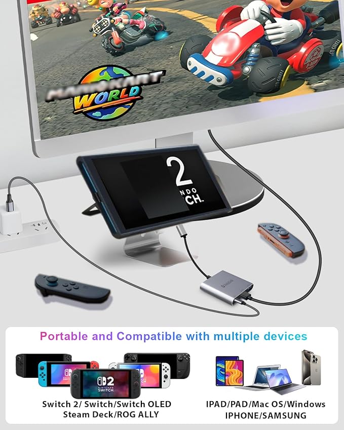 Switch Dock,Switch Docking Station/USB C to hdmi for Nintendo Switch/Switch 2 with HDMI 2.1/4K120Hz,usbc to hdmi Adapter Compatible with MacBook/Laptop Support v22 of NS2 After Update