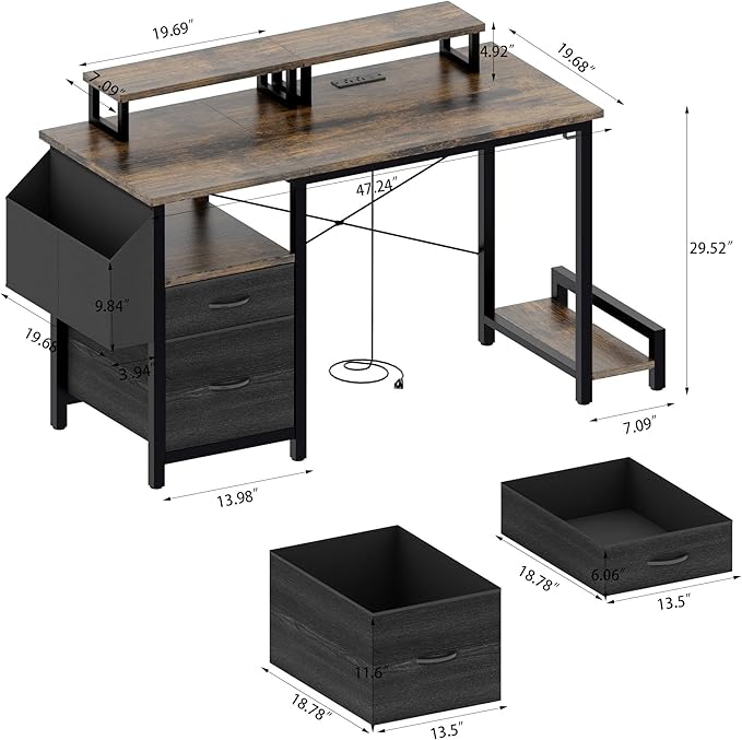 Home Office Desk with Side Pocket and Drawers, Modern Computer Desk for Small Space Bedroom, 47 Inch Gaming Desk with Power Outlet & 2 Movable Monitor Shelves (Rustic Brown)